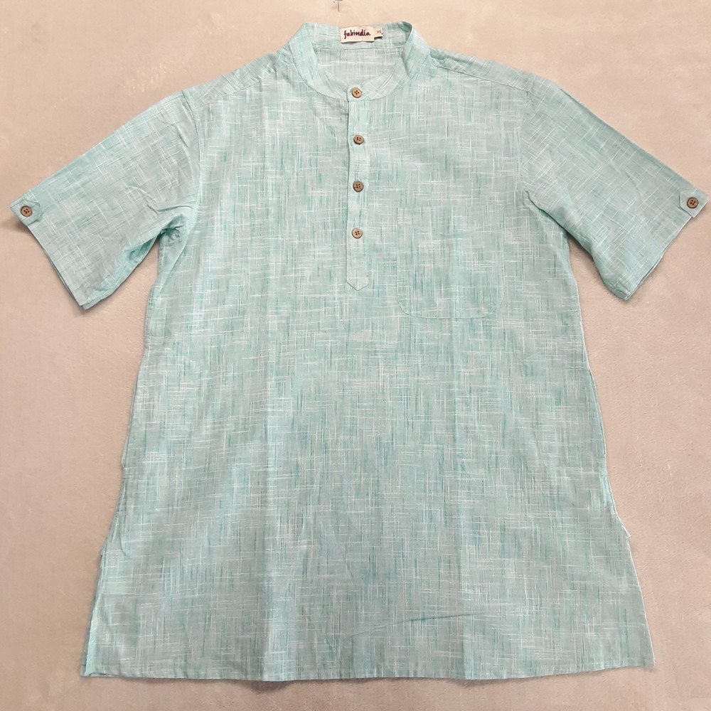 Fabindia Mens Green Cotton Woven Short Kurta XS Henley Band Collar SS